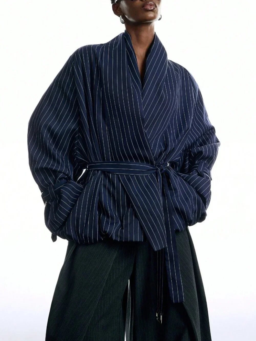 Navy Blue Casual Women's Striped Shoulder Long Sleeve Waist Tie Trench Coat